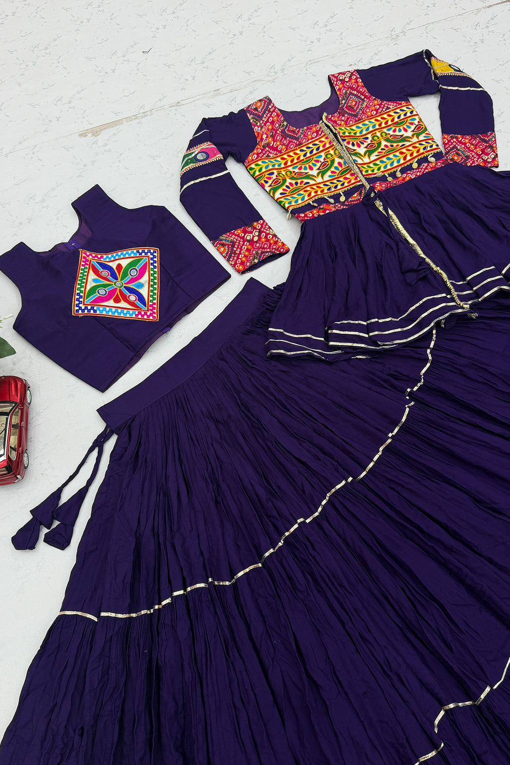 Purple Cotton Kachchi Work Peplum Style Flared Lehenga