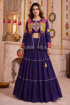Purple Cotton Kachchi Work Peplum Style Flared Lehenga