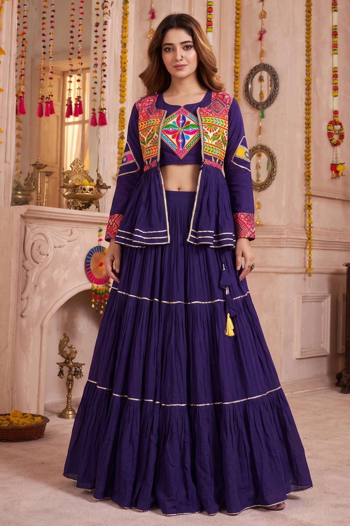 Purple Cotton Kachchi Work Peplum Style Flared Lehenga