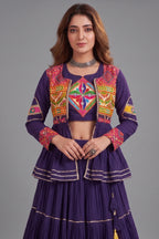 Purple Cotton Kachchi Work Peplum Style Flared Lehenga