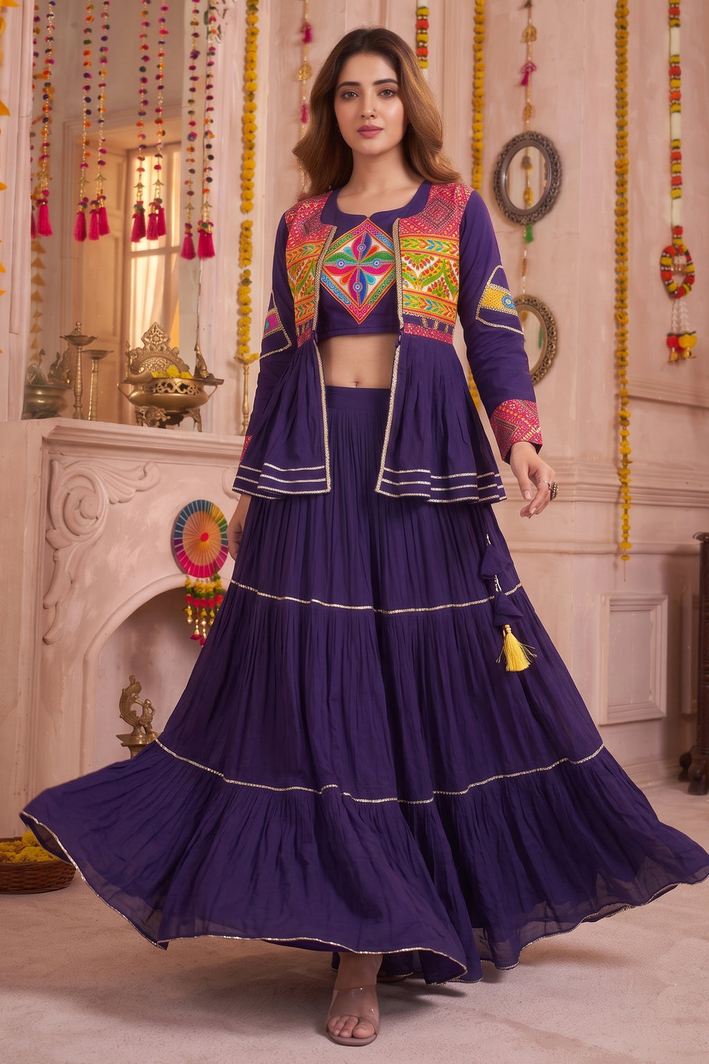 Purple Cotton Kachchi Work Peplum Style Flared Lehenga