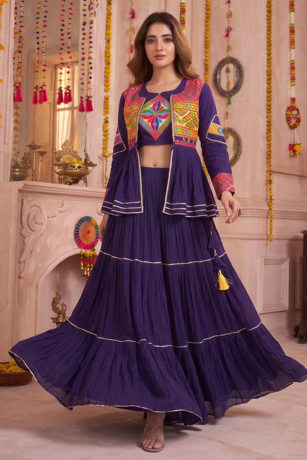 Purple Cotton Kachchi Work Peplum Style Flared Lehenga