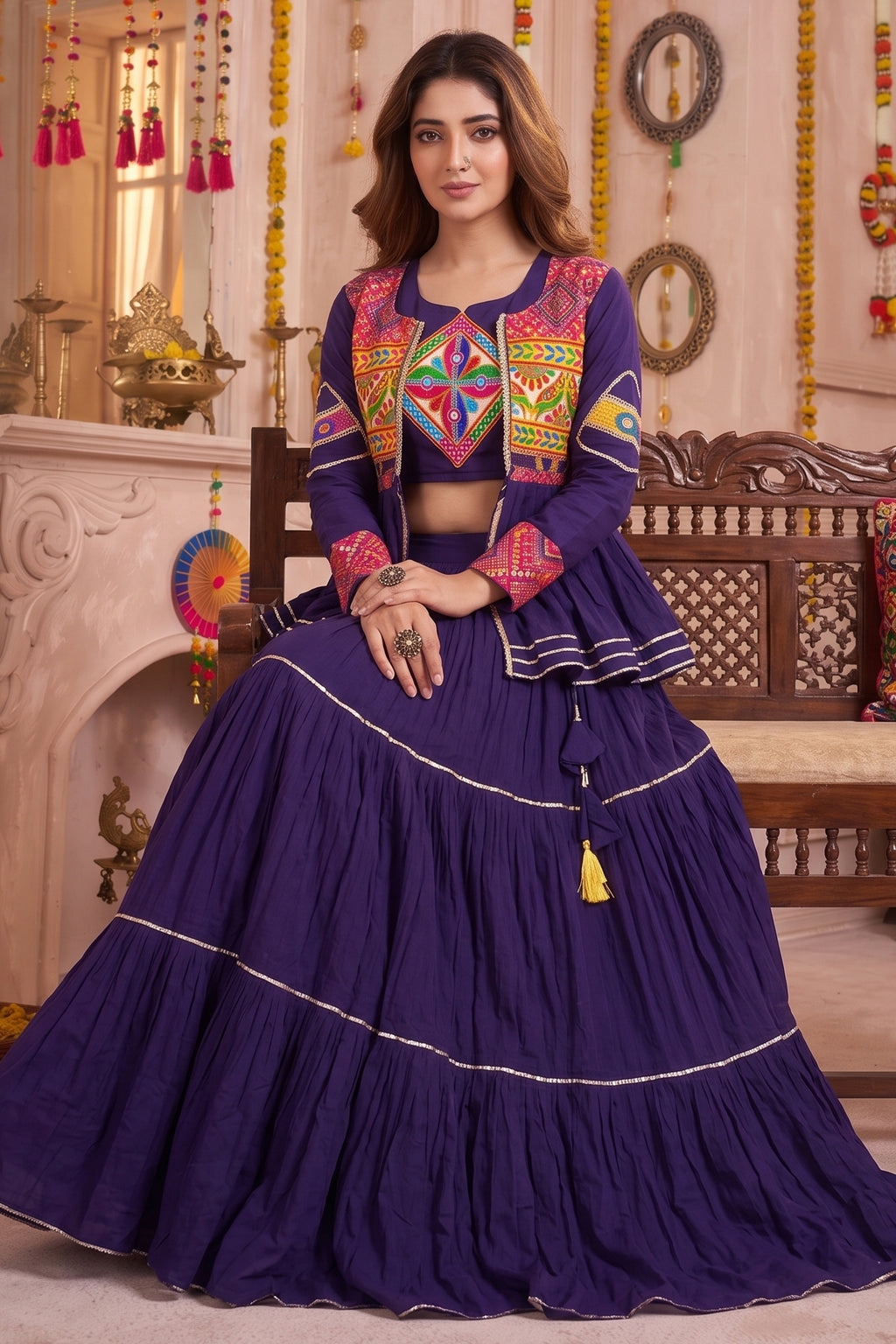 Purple Cotton Kachchi Work Peplum Style Flared Lehenga
