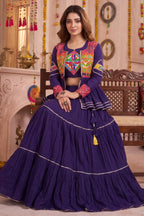 Purple Cotton Kachchi Work Peplum Style Flared Lehenga