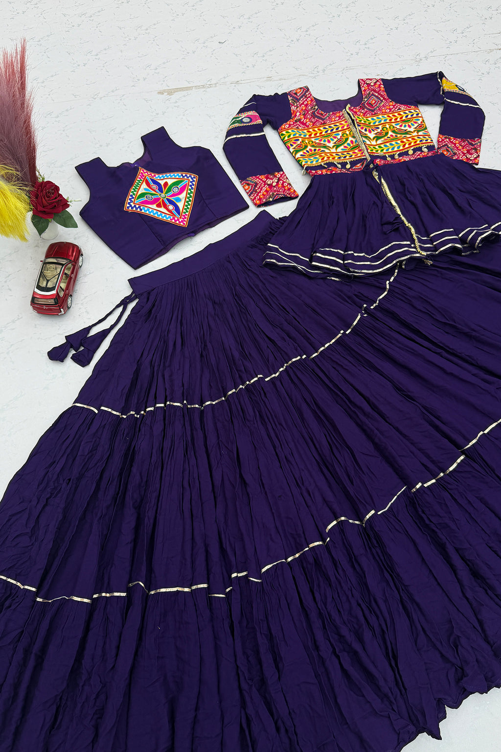 Purple Cotton Kachchi Work Peplum Style Flared Lehenga