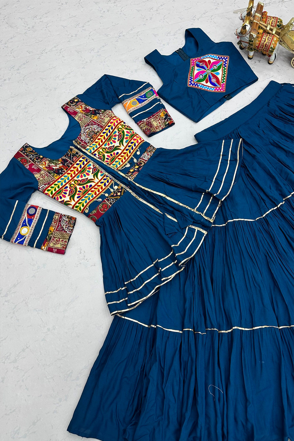 Teal Blue Cotton Kachchi Work Peplum Style Flared Lehenga