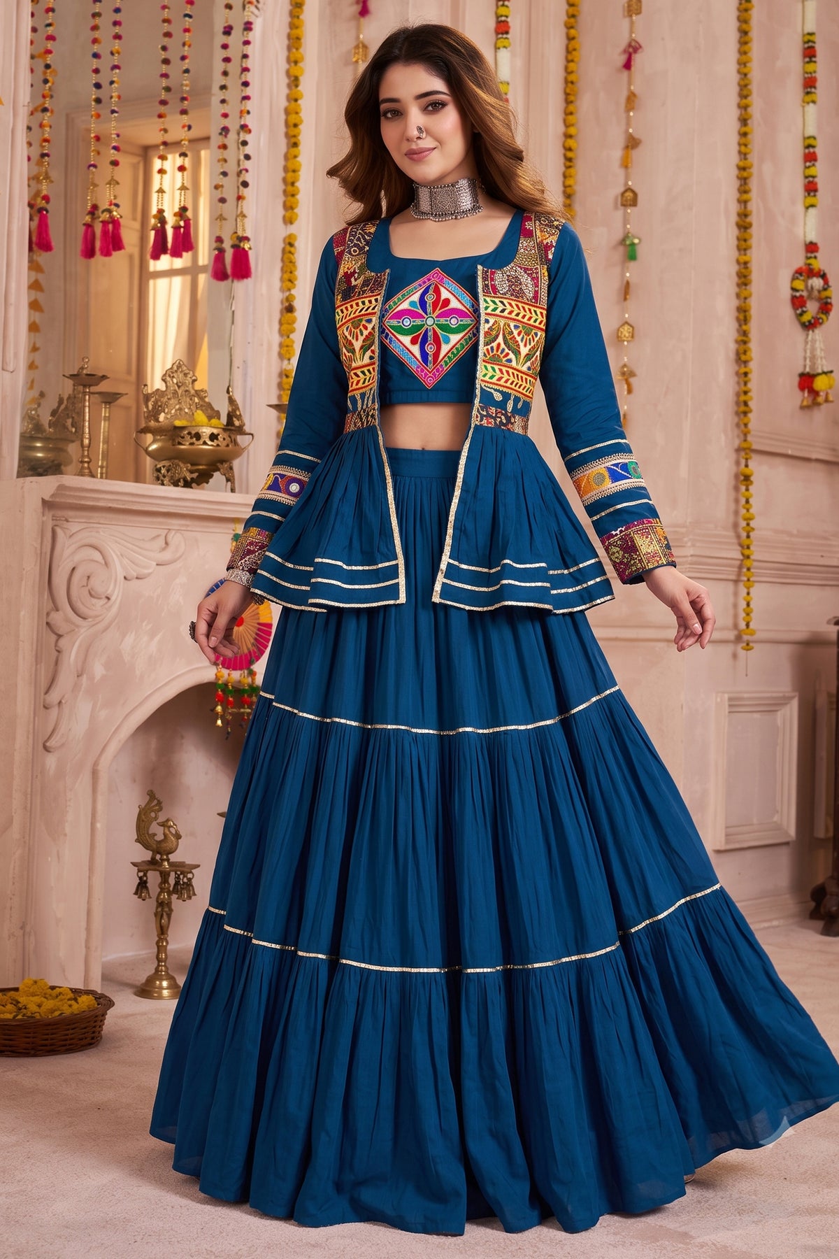 Teal Blue Cotton Kachchi Work Peplum Style Flared Lehenga