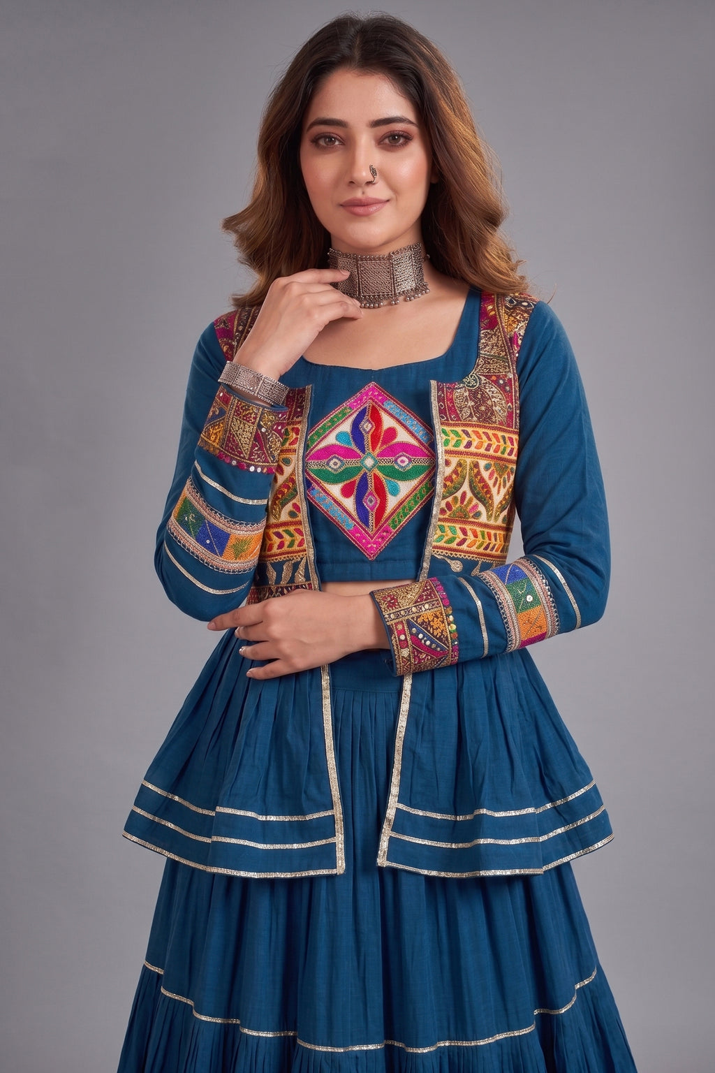 Teal Blue Cotton Kachchi Work Peplum Style Flared Lehenga