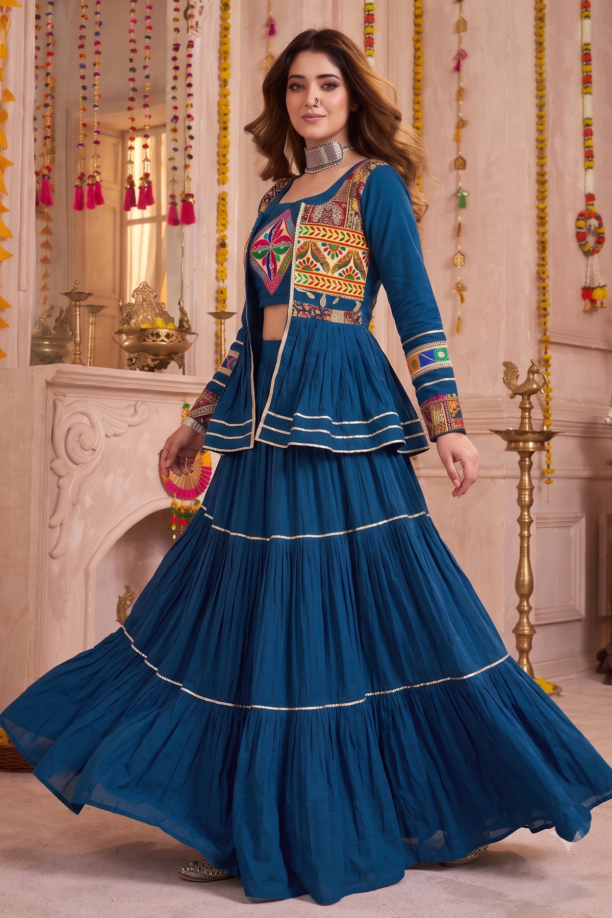 Teal Blue Cotton Kachchi Work Peplum Style Flared Lehenga