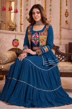 Teal Blue Cotton Kachchi Work Peplum Style Flared Lehenga