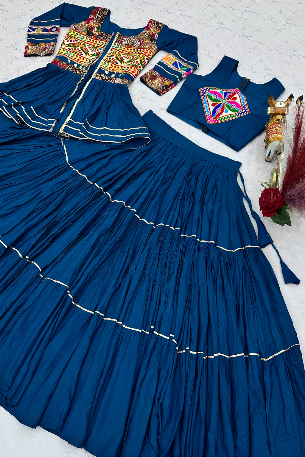 Teal Blue Cotton Kachchi Work Peplum Style Flared Lehenga