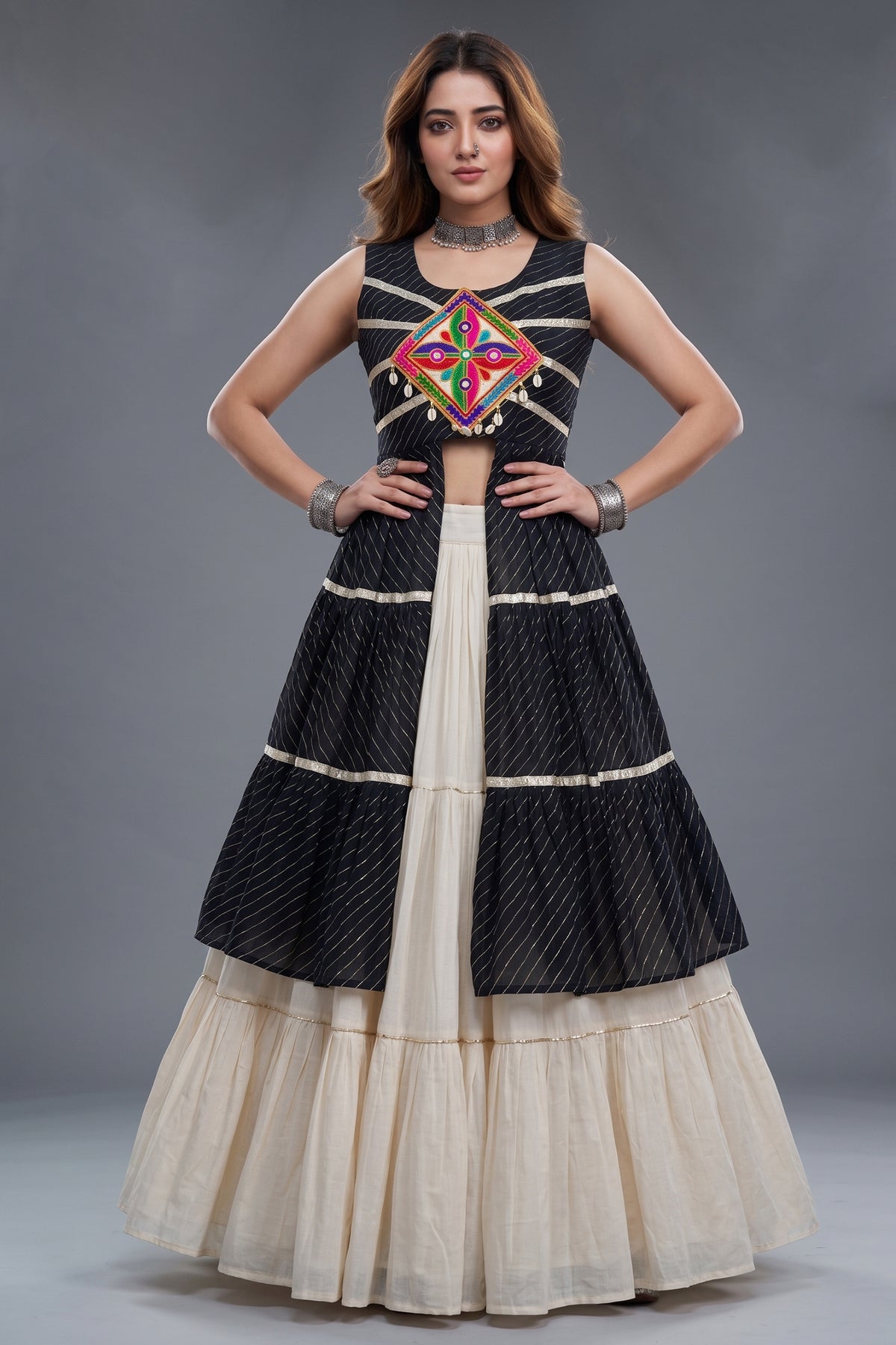 Cream and Black Cotton Leheriya Printed and Kachchi Work Lehenga