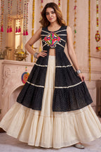 Cream and Black Cotton Leheriya Printed and Kachchi Work Lehenga