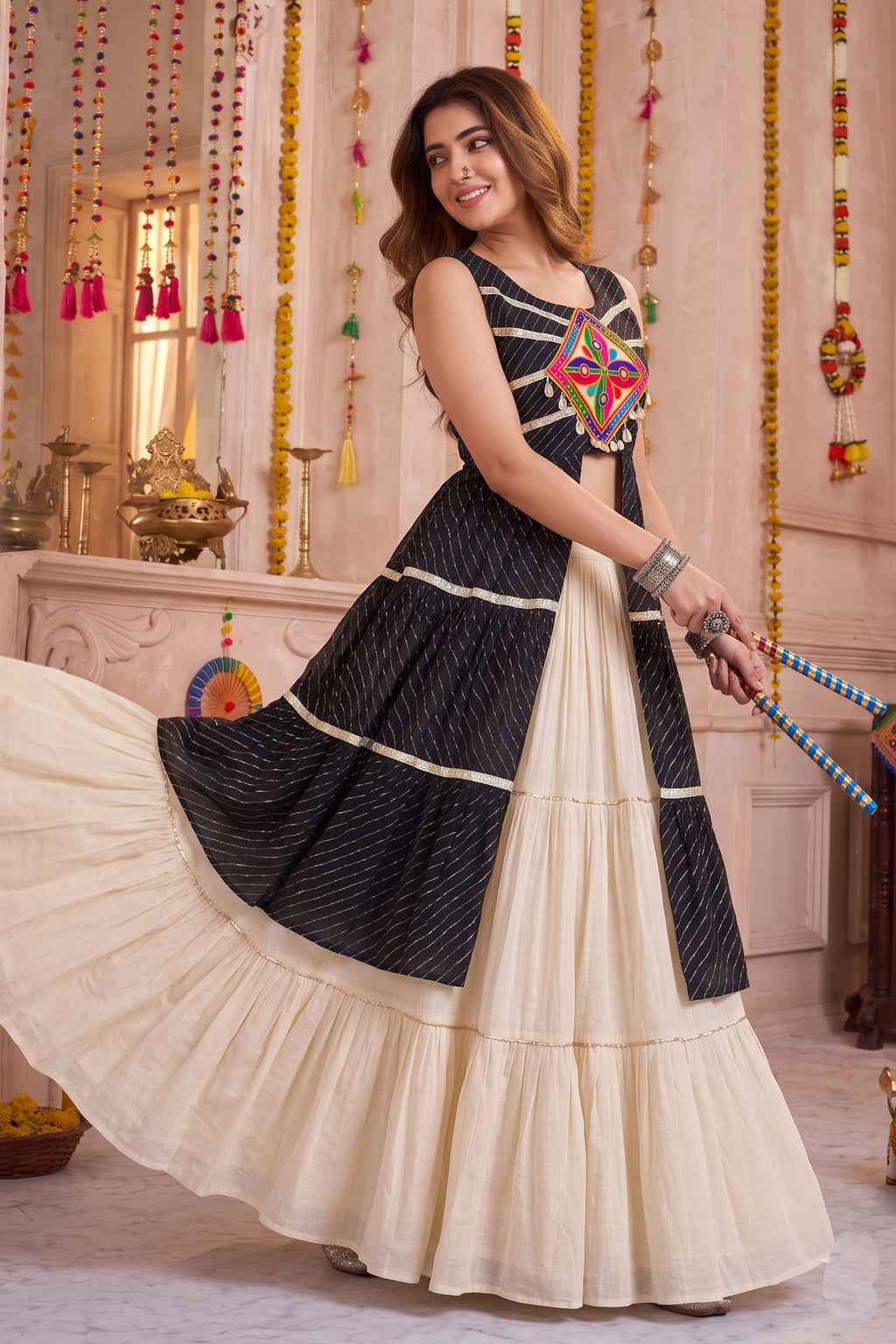 Cream and Black Cotton Leheriya Printed and Kachchi Work Lehenga