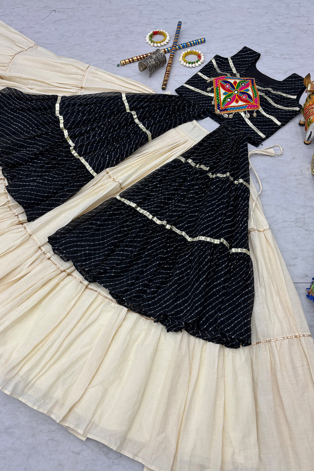 Cream and Black Cotton Leheriya Printed and Kachchi Work Lehenga