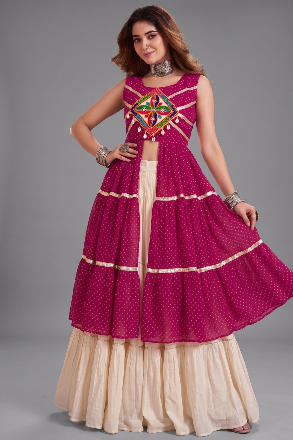 Cream and Pink Cotton Leheriya Printed and Kachchi Work Lehenga