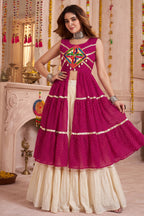 Cream and Pink Cotton Leheriya Printed and Kachchi Work Lehenga