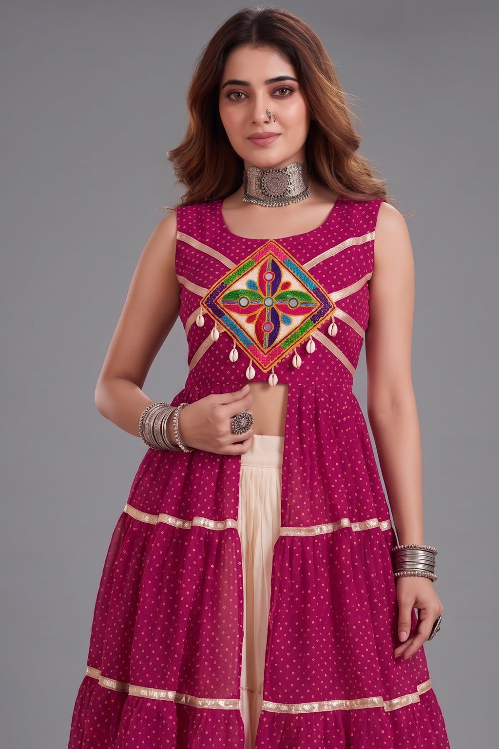 Cream and Pink Cotton Leheriya Printed and Kachchi Work Lehenga