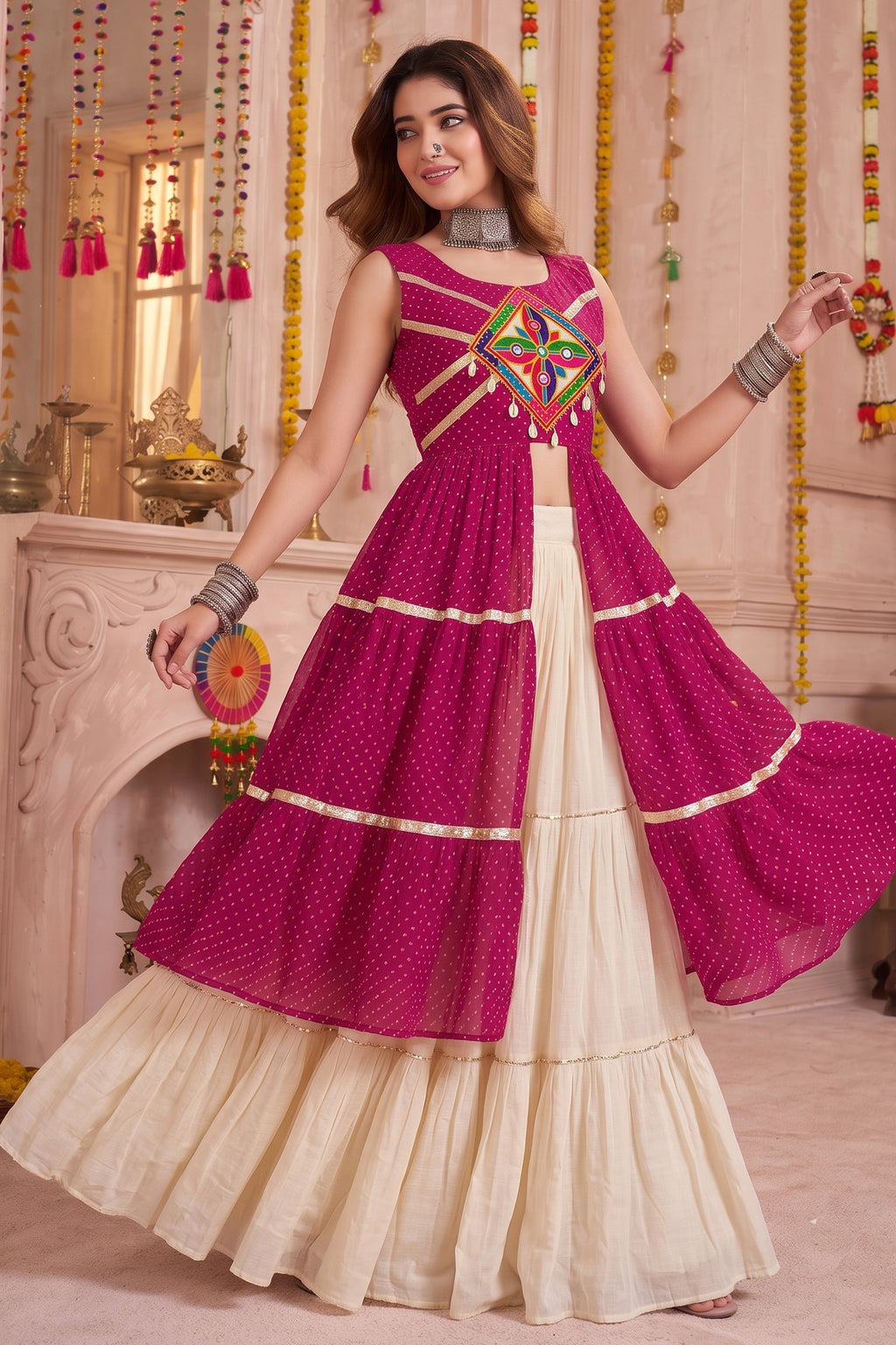 Cream and Pink Cotton Leheriya Printed and Kachchi Work Lehenga