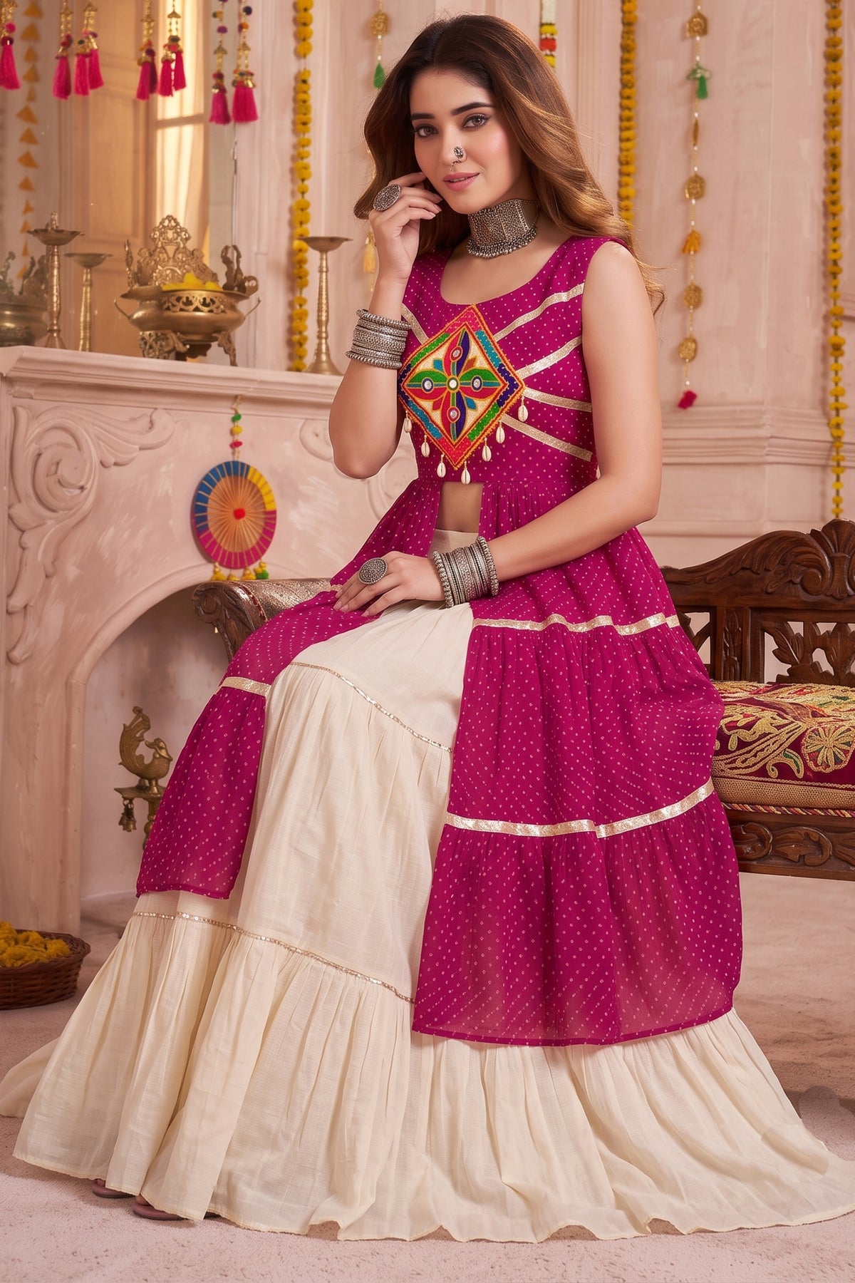 Cream and Pink Cotton Leheriya Printed and Kachchi Work Lehenga