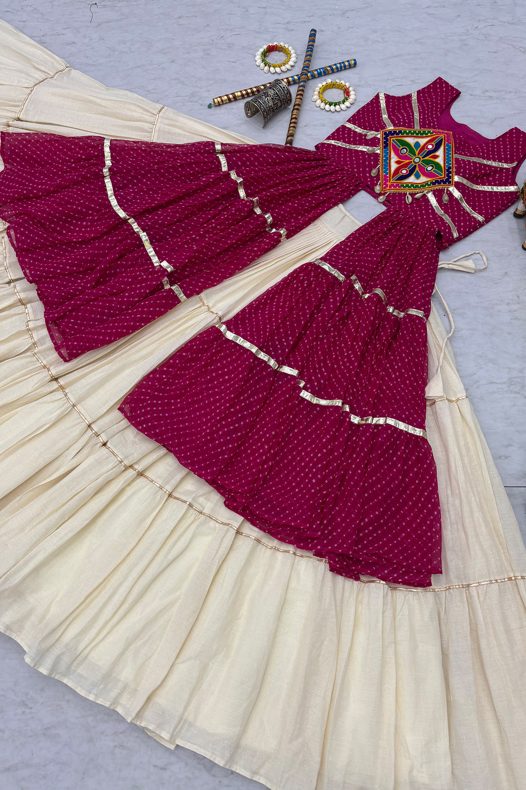 Cream and Pink Cotton Leheriya Printed and Kachchi Work Lehenga