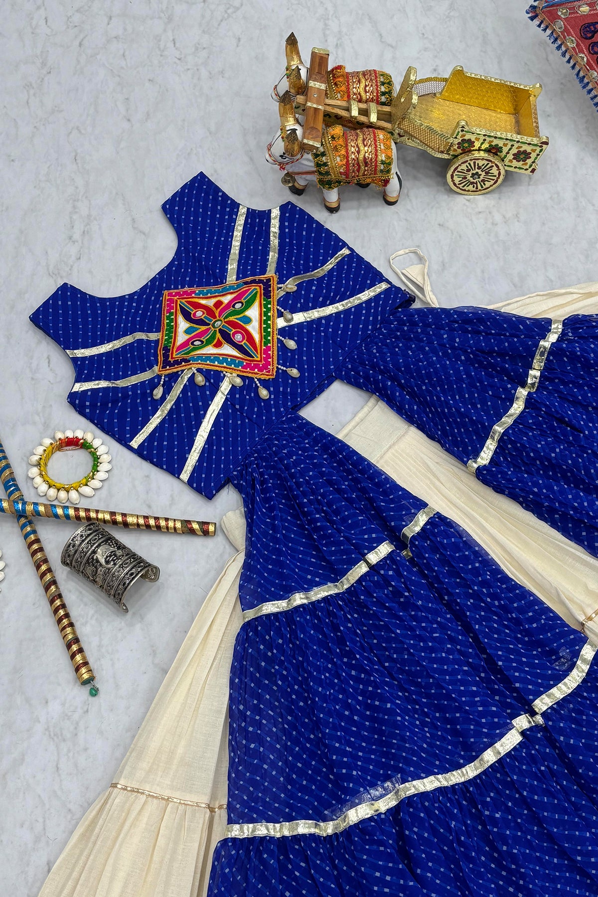 Cream and Blue Cotton Leheriya Printed and Kachchi Work Lehenga