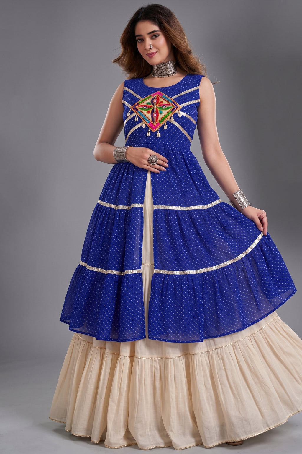 Cream and Blue Cotton Leheriya Printed and Kachchi Work Lehenga