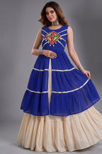 Cream and Blue Cotton Leheriya Printed and Kachchi Work Lehenga