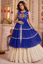 Cream and Blue Cotton Leheriya Printed and Kachchi Work Lehenga