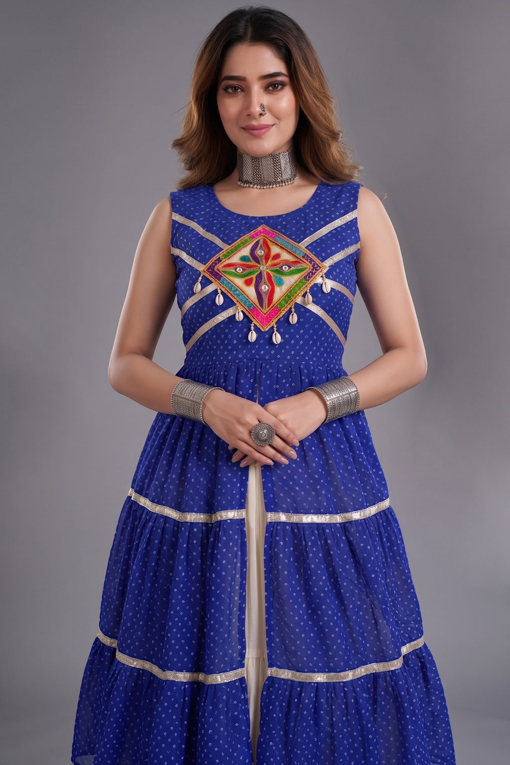 Cream and Blue Cotton Leheriya Printed and Kachchi Work Lehenga