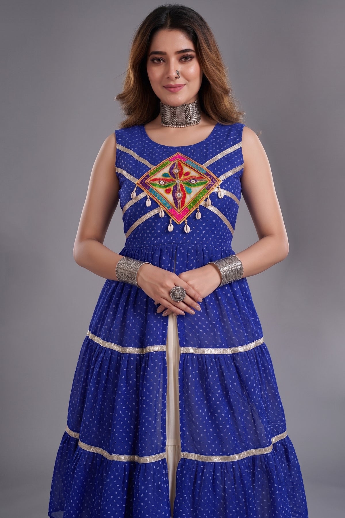 Cream and Blue Cotton Leheriya Printed and Kachchi Work Lehenga
