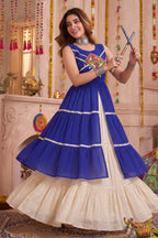 Cream and Blue Cotton Leheriya Printed and Kachchi Work Lehenga