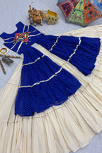 Cream and Blue Cotton Leheriya Printed and Kachchi Work Lehenga