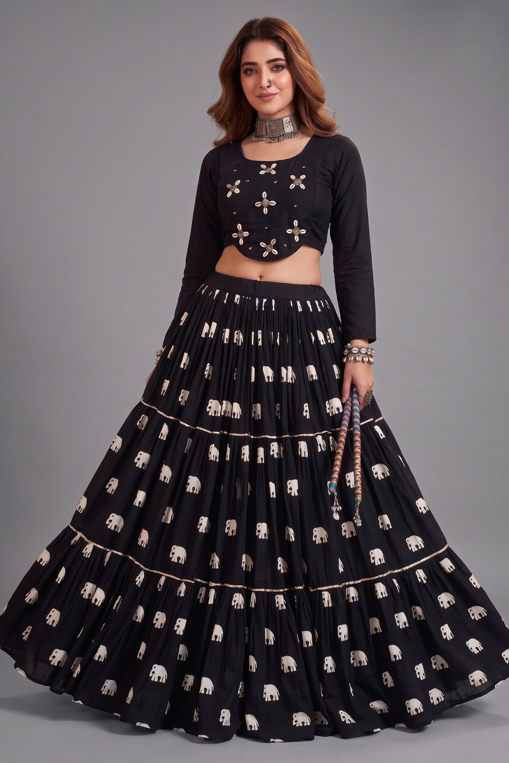 Black Cotton Elephant Printed Lehenga with Shell Detailing Blouse