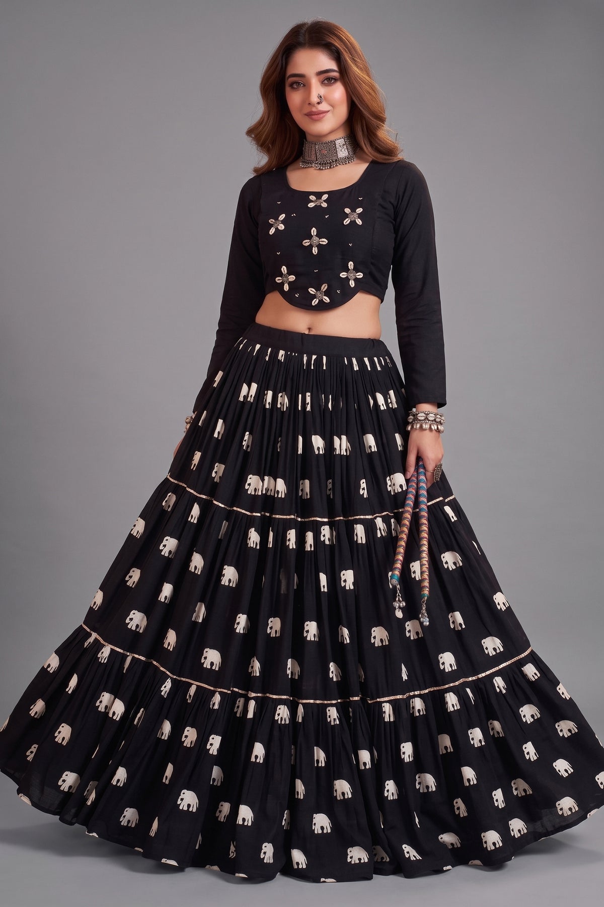 Black Cotton Elephant Printed Lehenga with Shell Detailing Blouse
