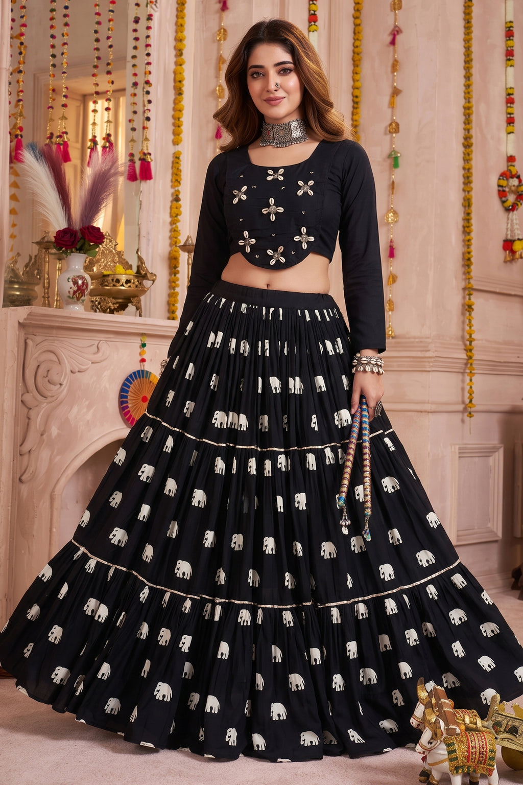 Black Cotton Elephant Printed Lehenga with Shell Detailing Blouse