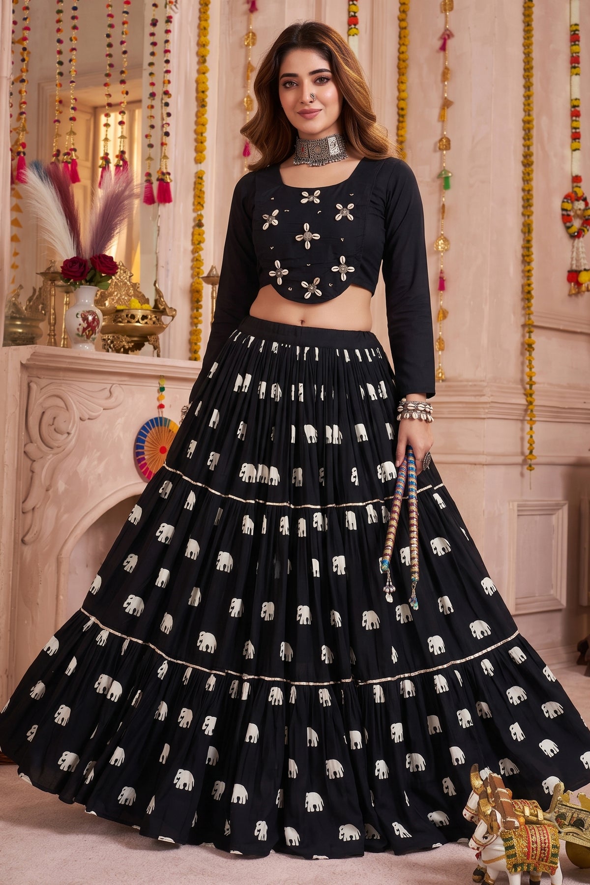 Black Cotton Elephant Printed Lehenga with Shell Detailing Blouse