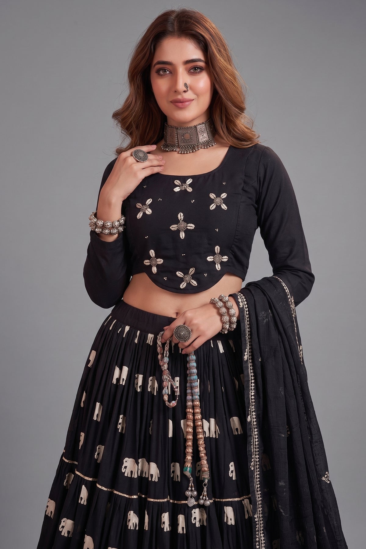 Black Cotton Elephant Printed Lehenga with Shell Detailing Blouse