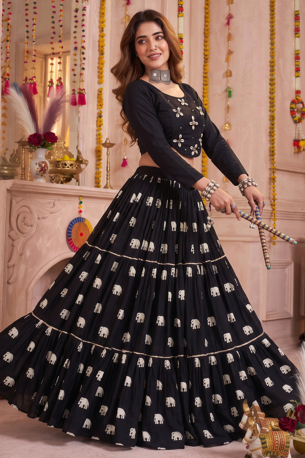 Black Cotton Elephant Printed Lehenga with Shell Detailing Blouse