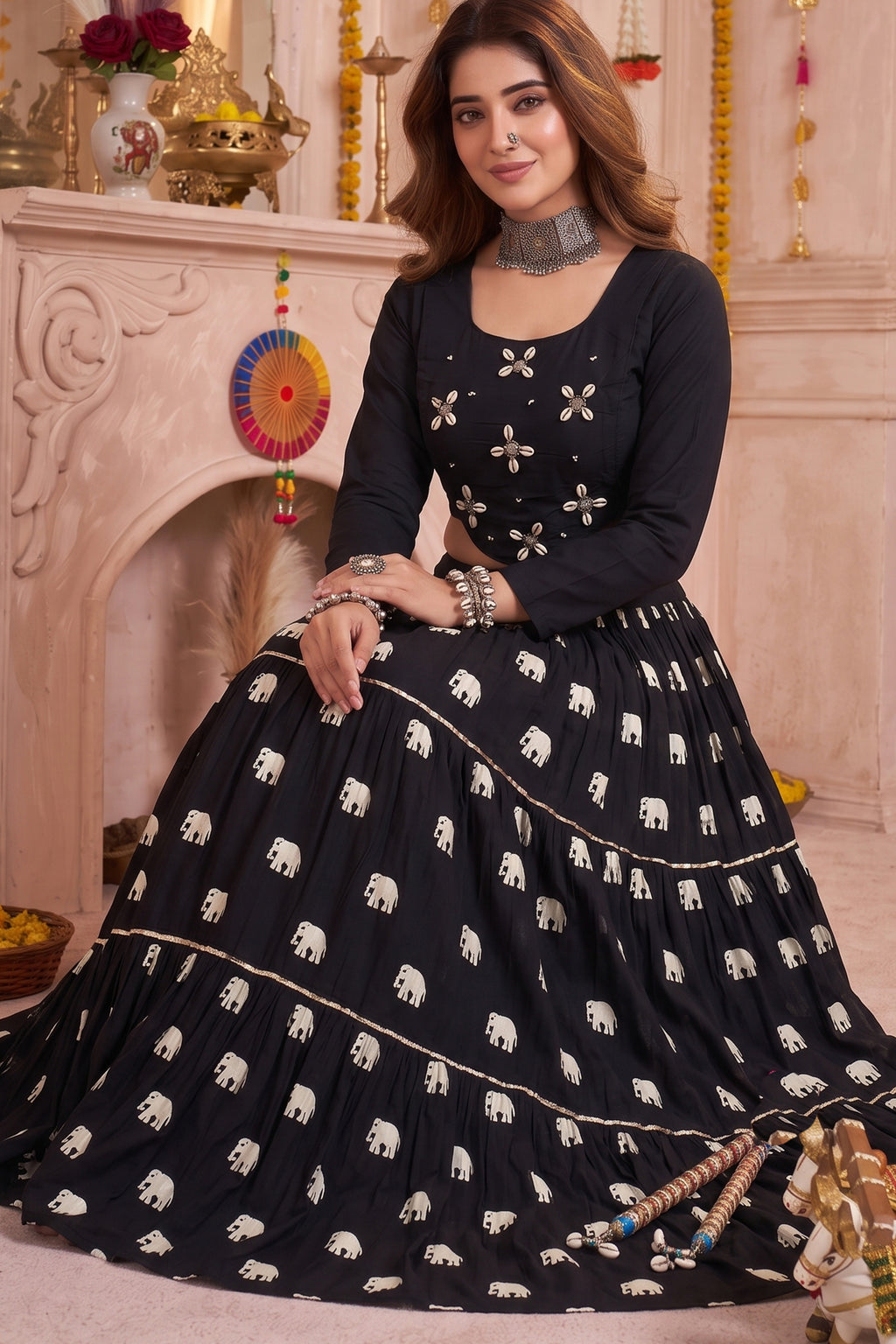 Black Cotton Elephant Printed Lehenga with Shell Detailing Blouse