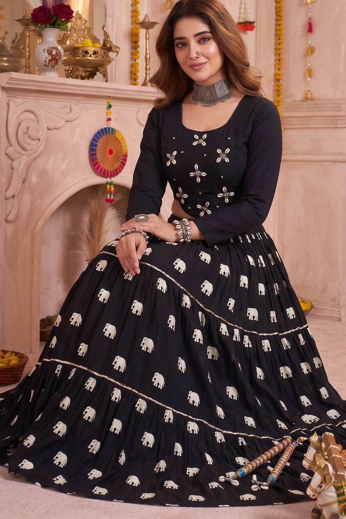 Black Cotton Elephant Printed Lehenga with Shell Detailing Blouse