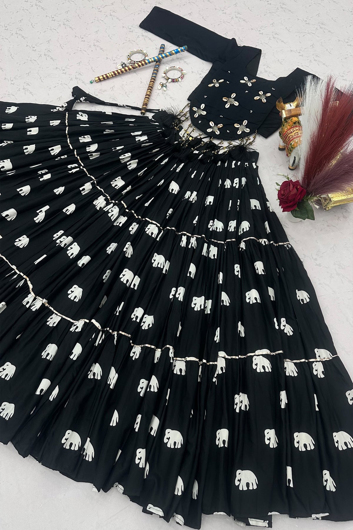 Black Cotton Elephant Printed Lehenga with Shell Detailing Blouse