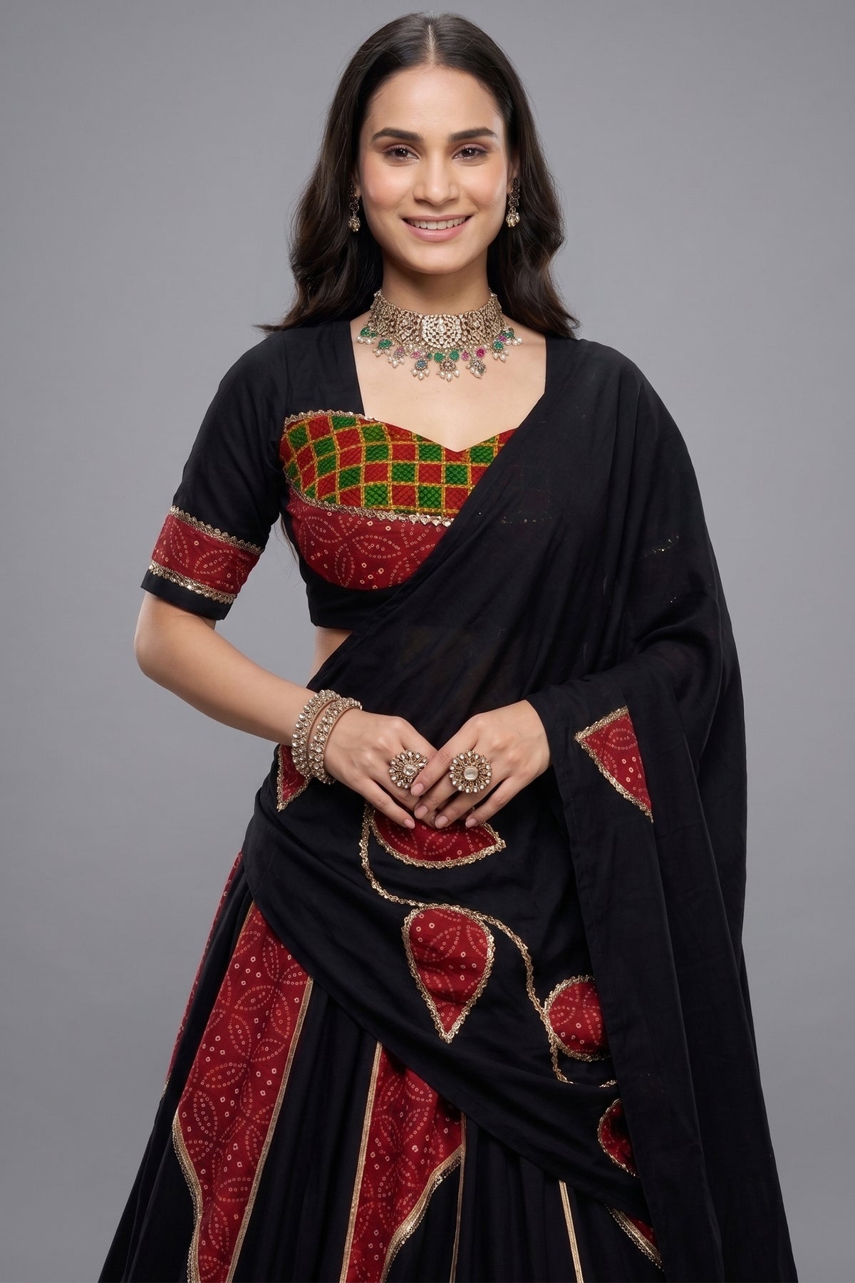 Black and Red Rayon Printed Chaniya Choli