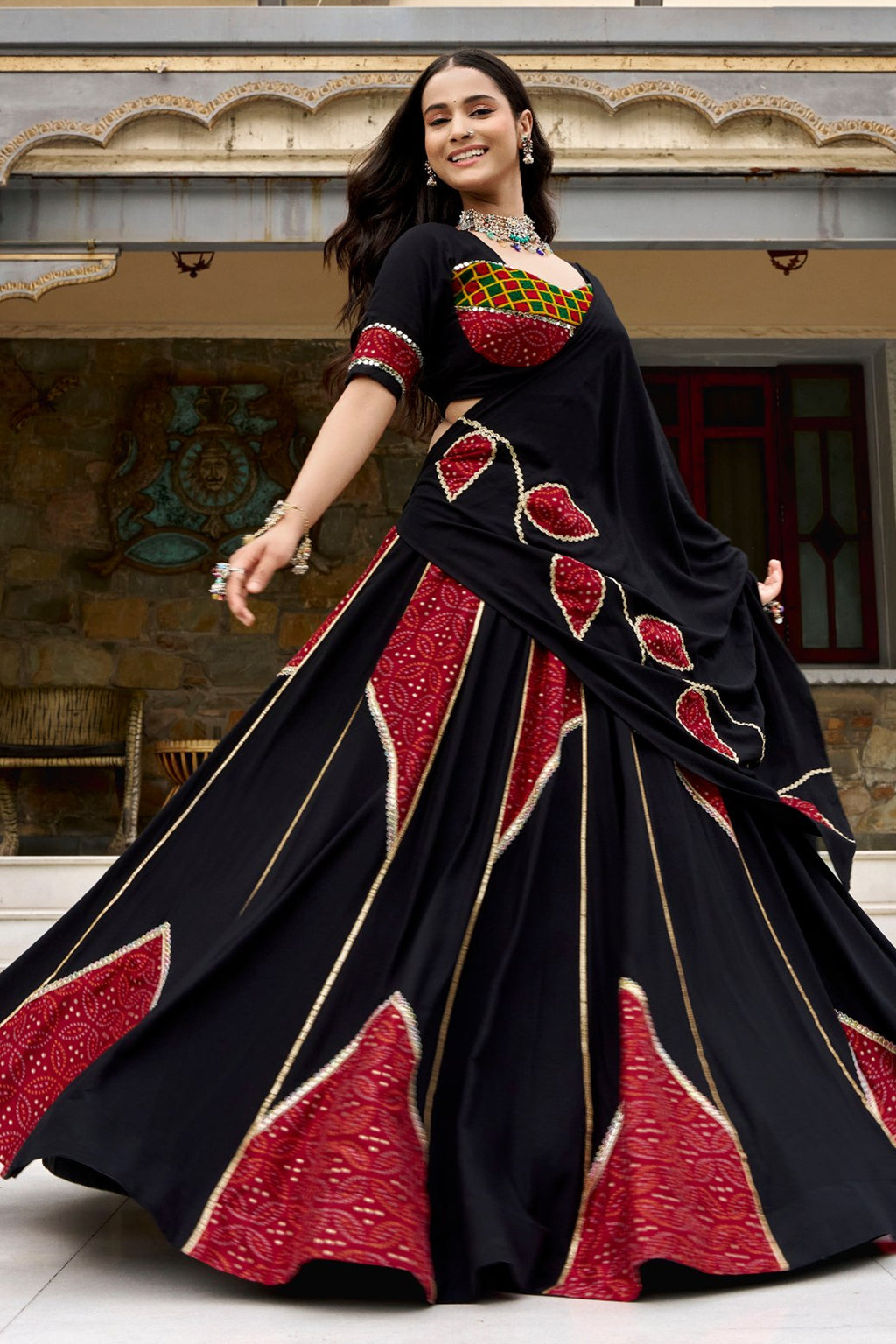 Black and Red Rayon Printed Chaniya Choli