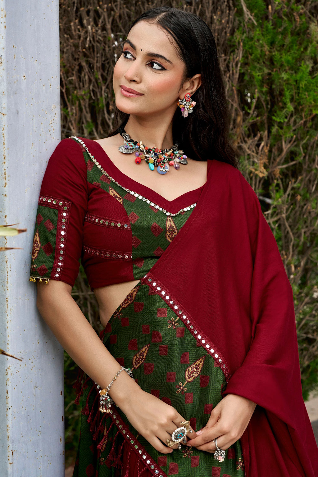 Maroon and Green Rayon Printed Chaniya Choli