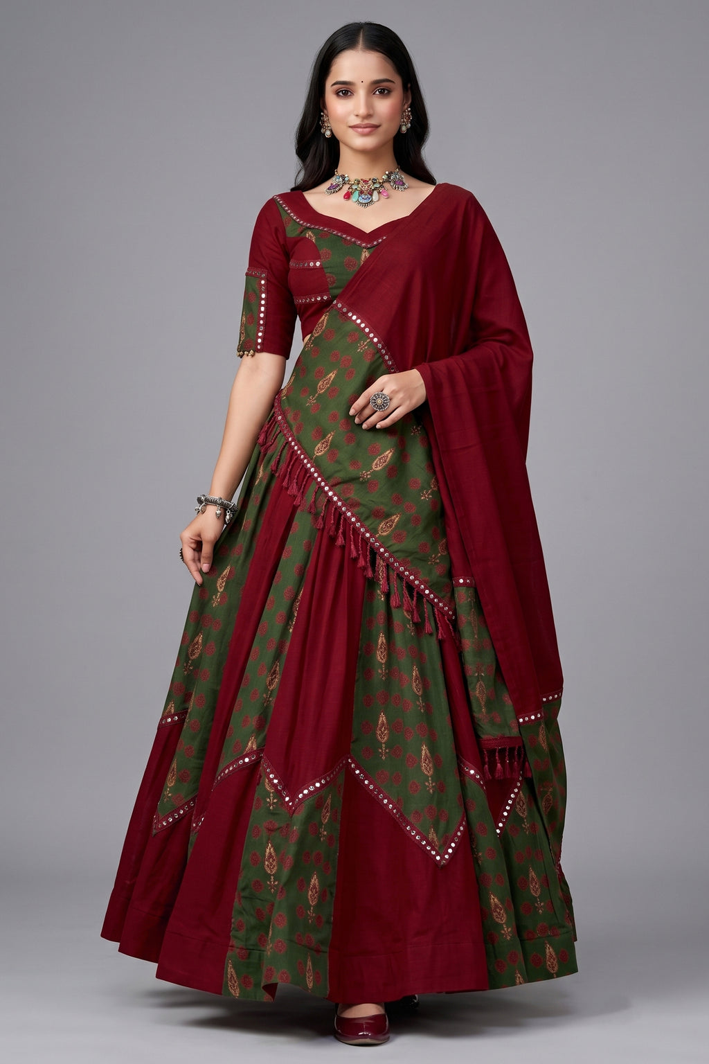 Maroon and Green Rayon Printed Chaniya Choli