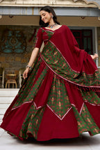 Maroon and Green Rayon Printed Chaniya Choli