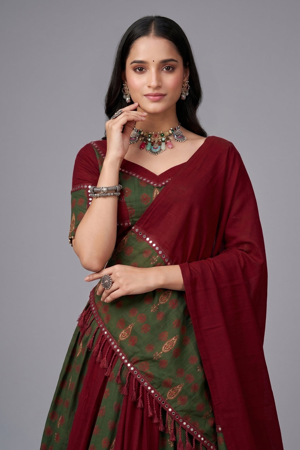 Maroon and Green Rayon Printed Chaniya Choli