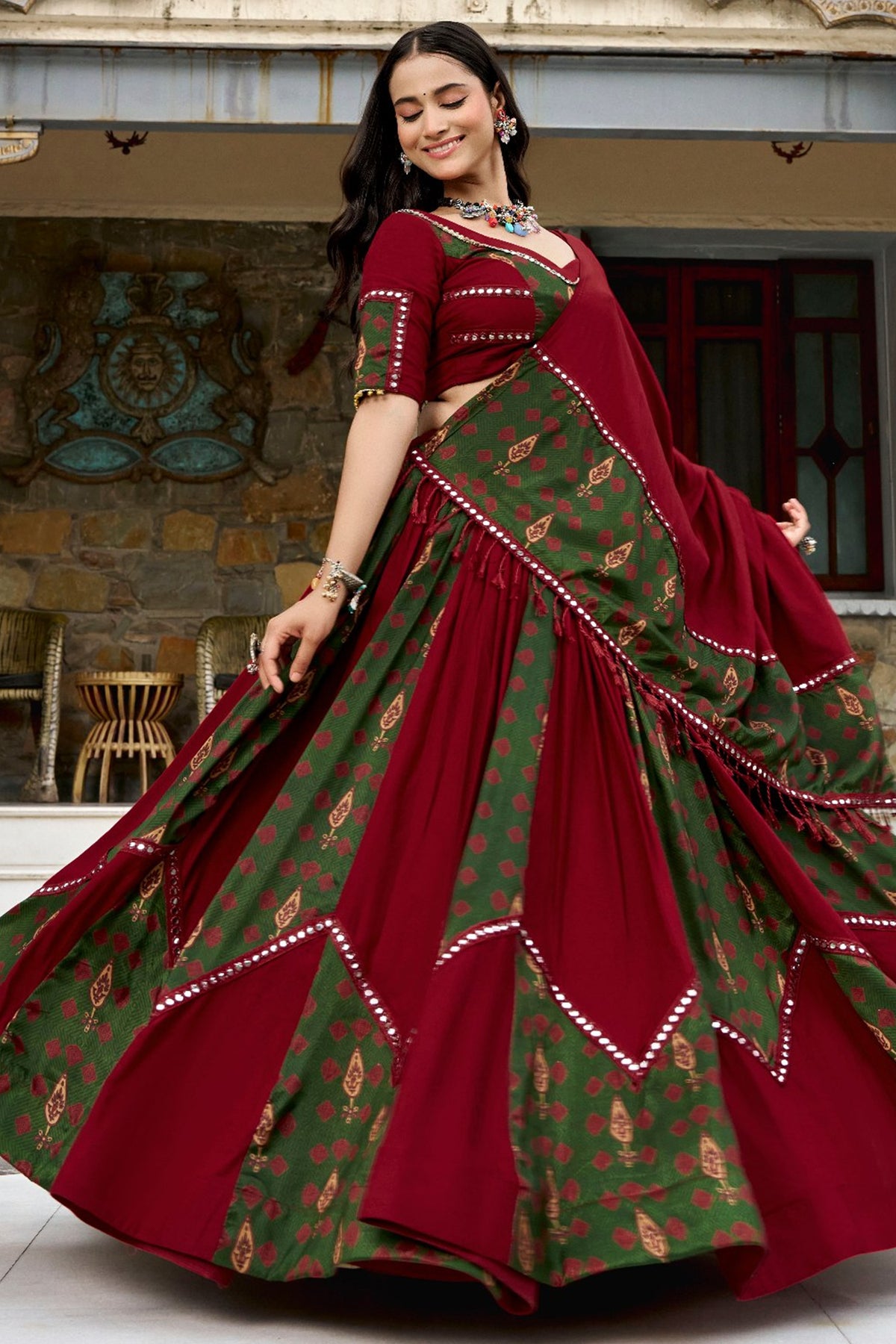 Maroon and Green Rayon Printed Chaniya Choli
