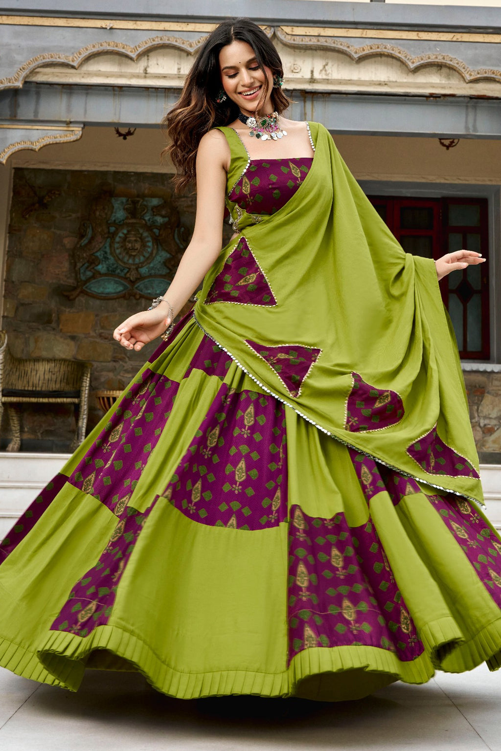 Green and Maroon Rayon Printed Chaniya Choli
